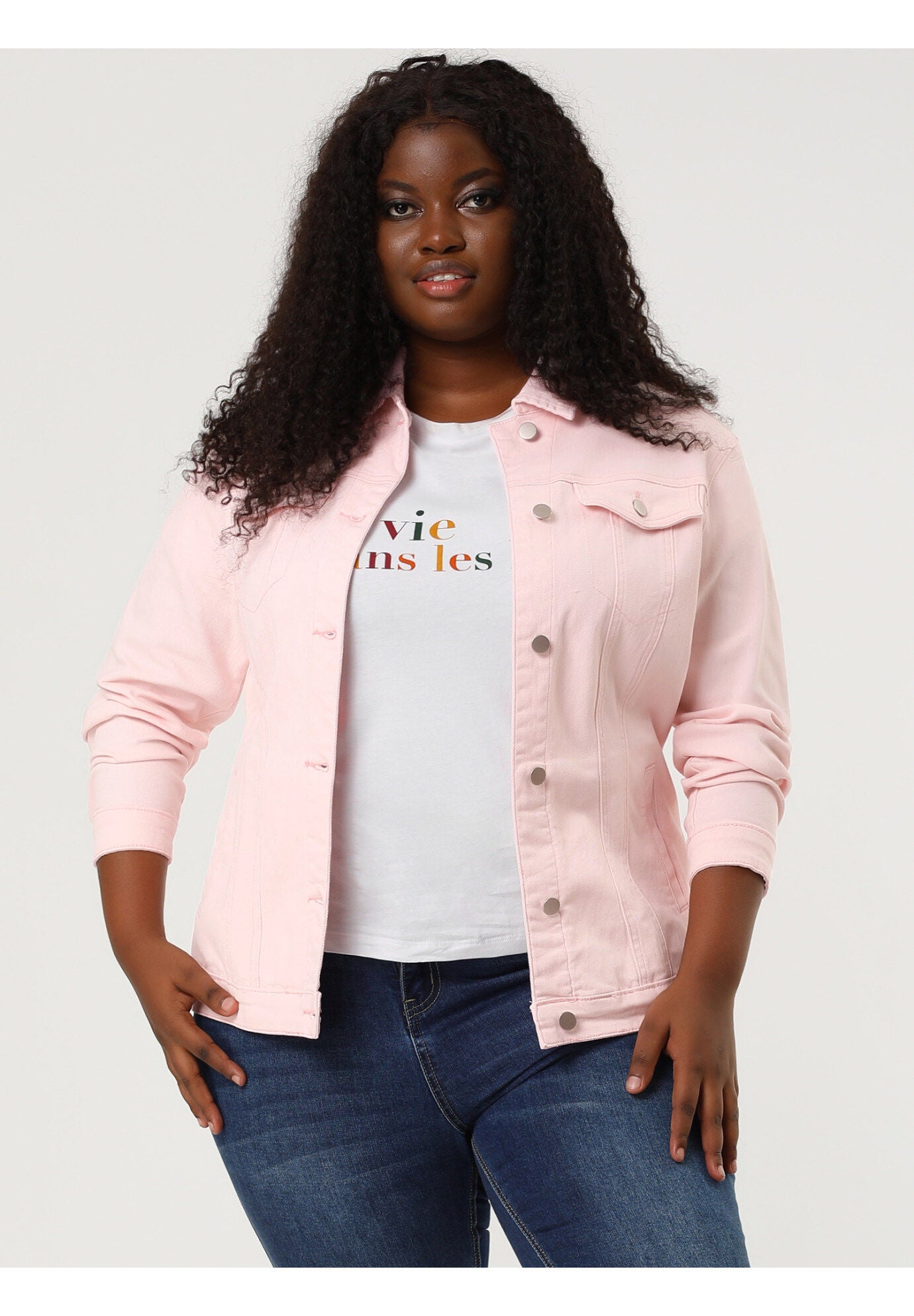 STITCHING BUTTON FRONT WASHED DENIM JACKET, Pink / Pink, hi-res image number 0