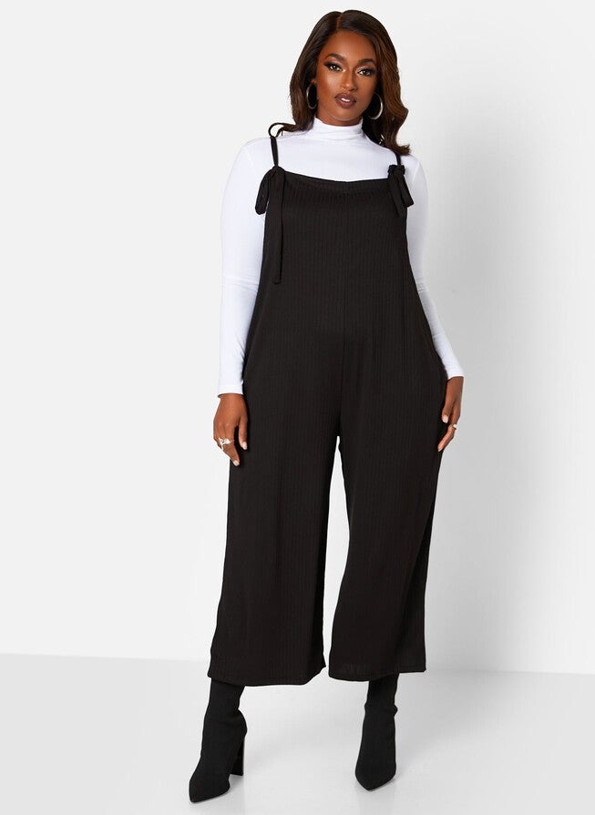 Lets Chill Ribbed Tie Strap Oversized Jumpsuit W. Pockets, Black / Black, hi-res image number 0
