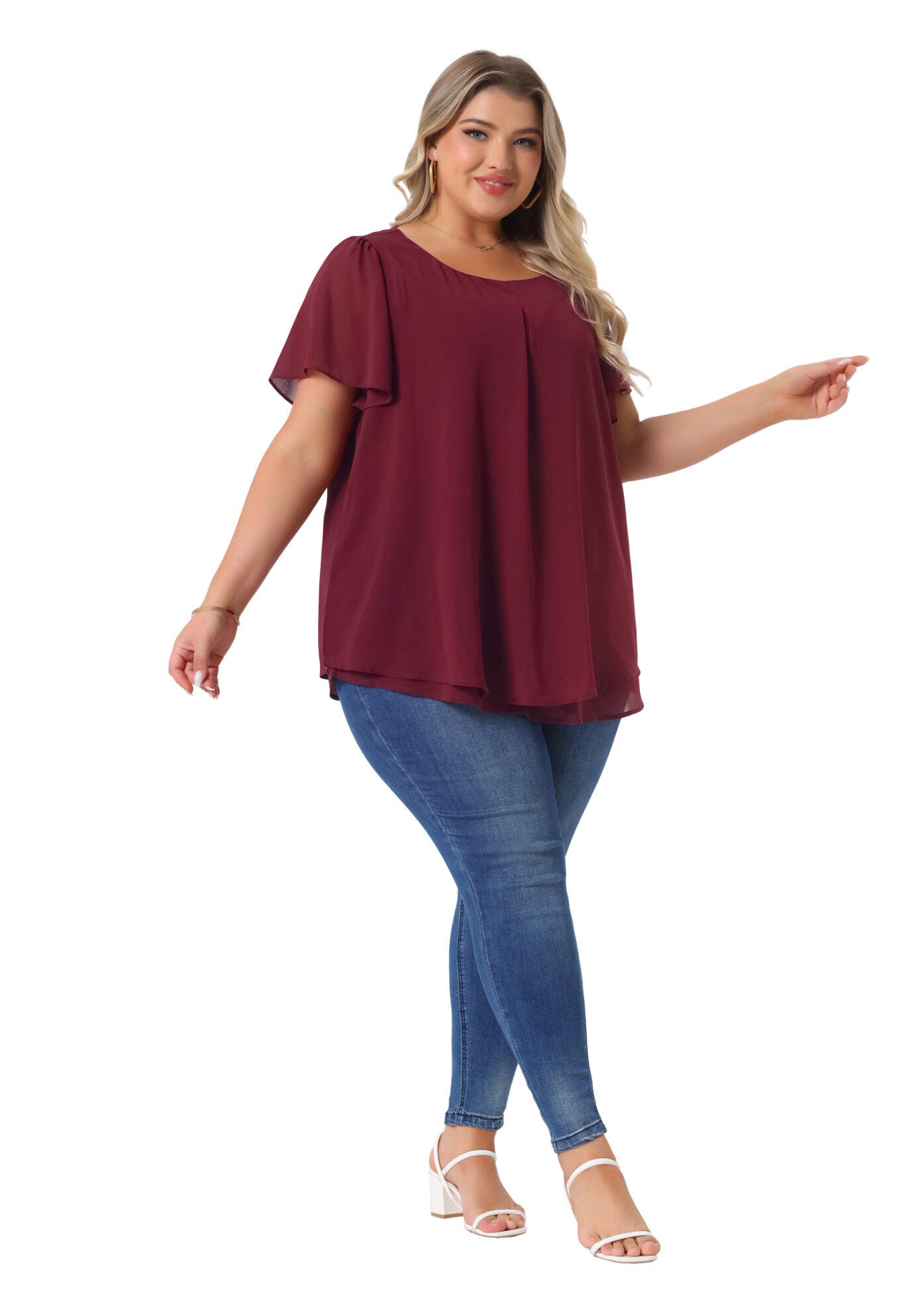 Ruffle Short Sleeve Double-Layered Chiffon Blouse, Burgundy / Burgundy, hi-res image number 0