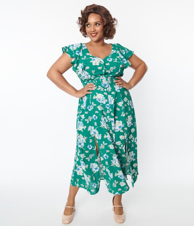 Unique Vintage Green Floral Flutter Sleeve Midi Dress, Green Floral / Turquoise, hi-res image number null