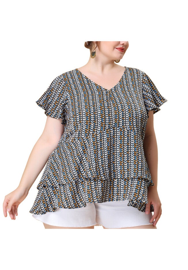 Summer Top V Neck Short Sleeve Peplum Geometric Print Layered Ruffle Blouse, Blue / Azure Blue, alternate image number 1
