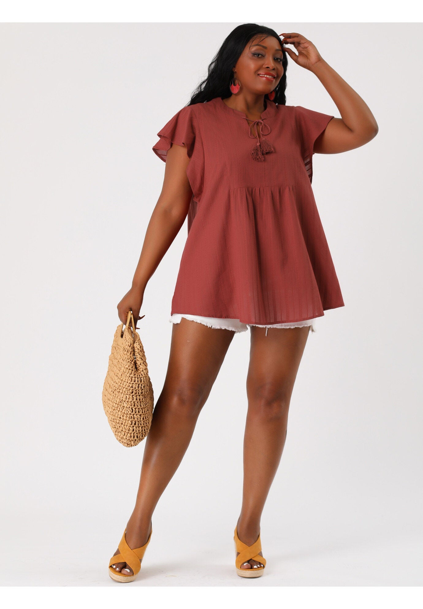 V NECK TASSEL SELF TIE FLUTTER BLOUSE, Brick Red / Red, hi-res image number 0