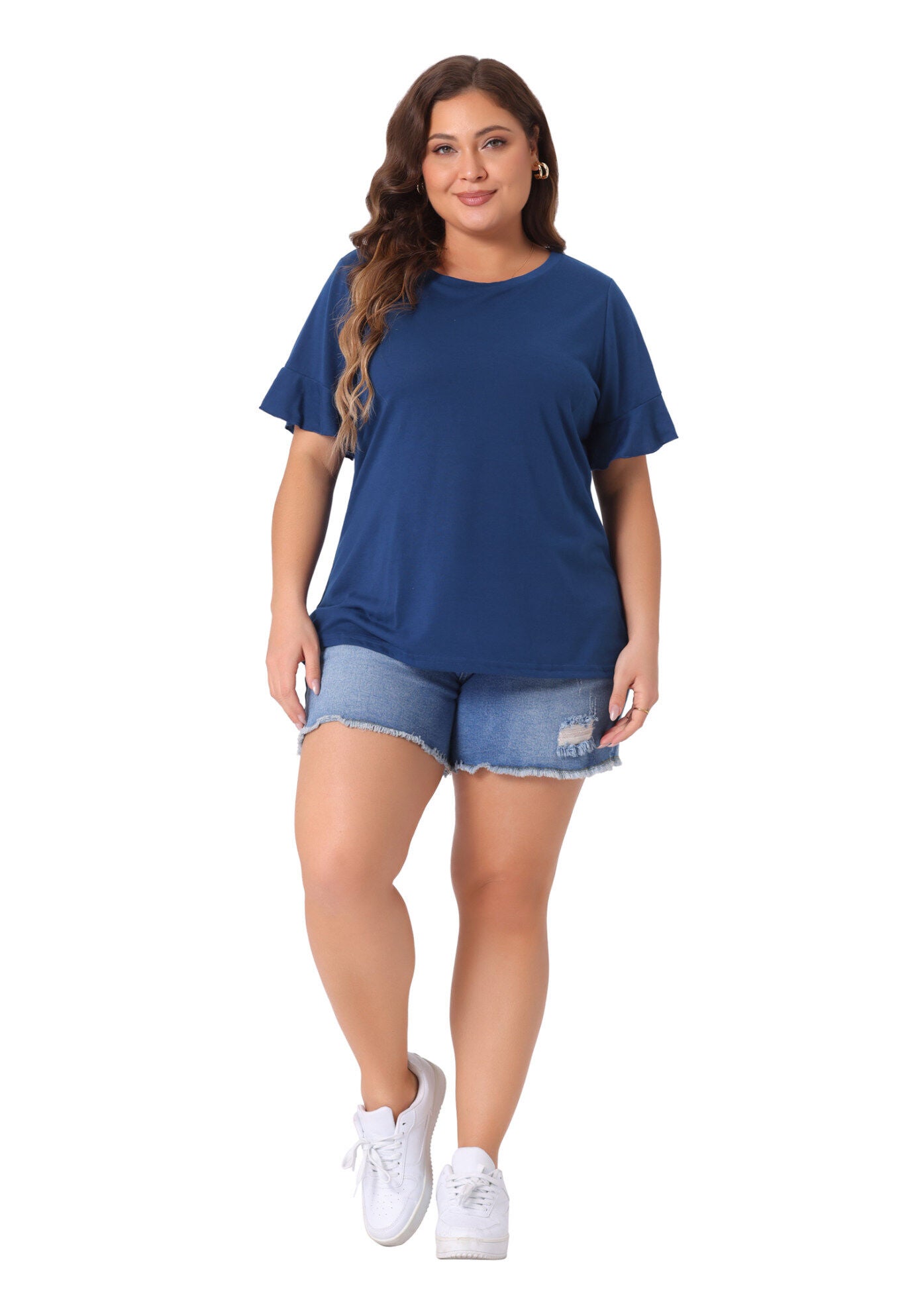 PLAIN CREW NECK RUFFLE SHORT SLEEVE TEE TOP, Dark Blue / Navy, hi-res image number 0