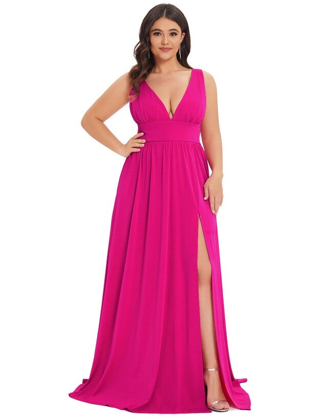 Sleeveless V-Neck Empire Waist High Slit Floor-Length Evening Dress, Hot Pink / Pink, hi-res image number 0