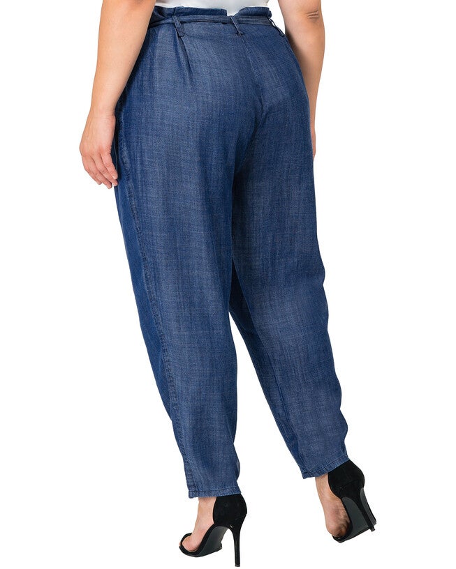 Plus Size Marina Paper Bag Waist Medium Blue Tencel Denim Peg Leg Pants D-Ring Belt, , alternate image number 6