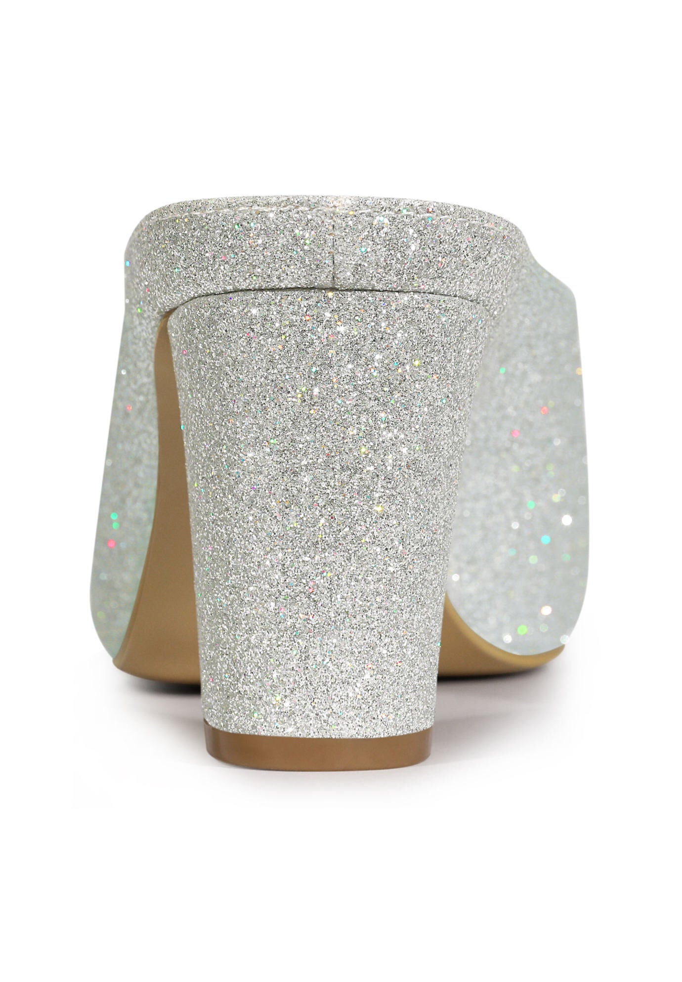 Glitter Pointed Toe Slip on Chunky Heels Slides Mules, Silver / Silver, alternate image number 1