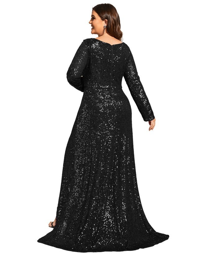Sequin Long Sleeve V-neck Asymmetrical Hem Evening Dress, Black / Black, alternate image number 1