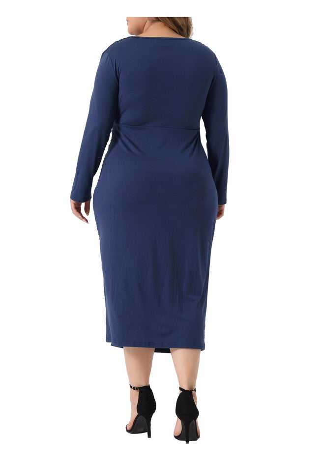 Long Sleeve Deep V Neck Ruched Slit Wedding Cocktail Bodycon Dress, Navy Blue / Navy, alternate image number 3