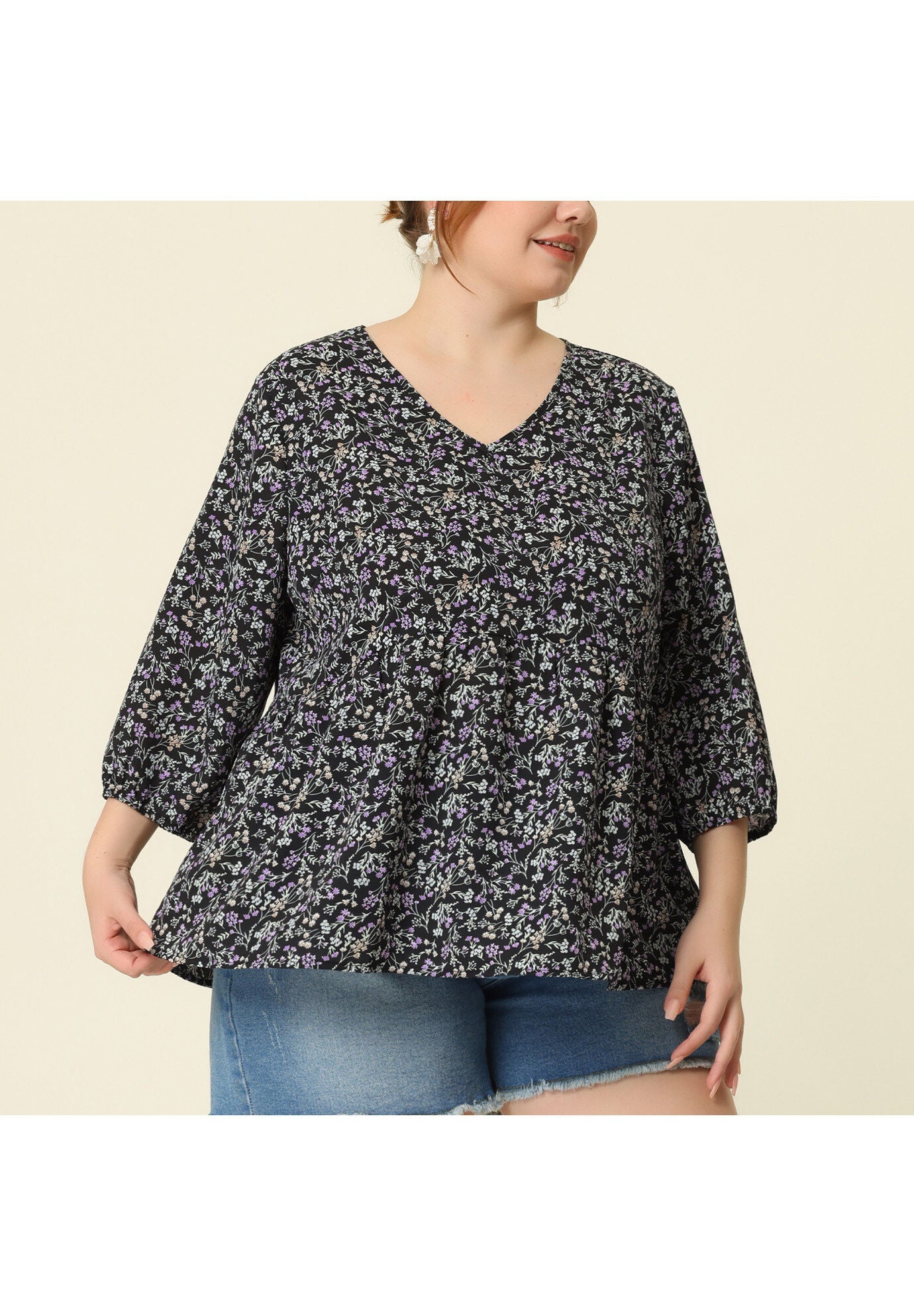 V Neck Babydoll Flowy 3/4 Lantern Sleeve Floral Blouse, Black / Black, alternate image number 1