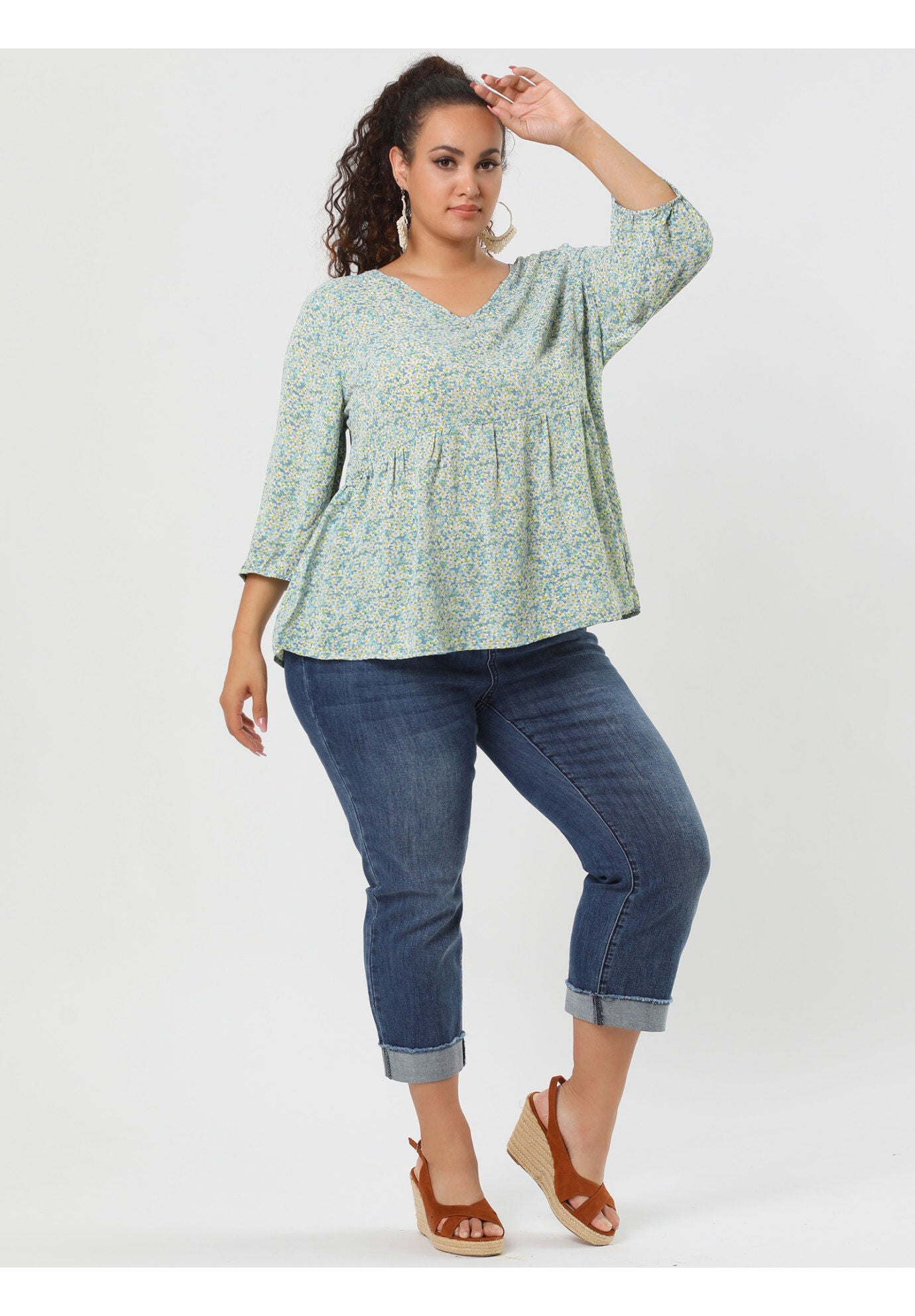 V Neck Babydoll Flowy 3/4 Lantern Sleeve Floral Blouse, Light Blue / Light Blue, alternate image number 2