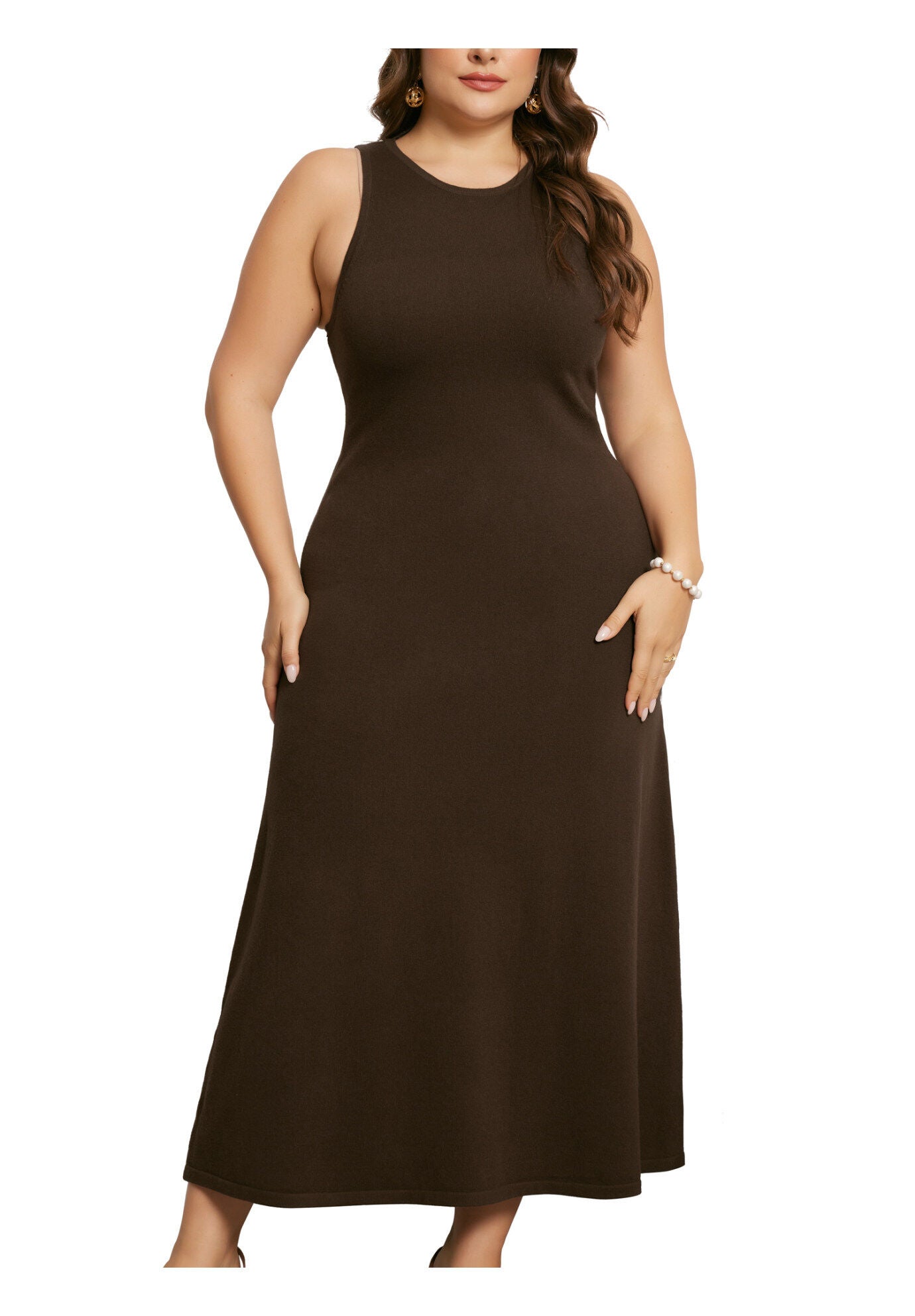 Crewneck Sleeveless Knit Casual Sweater Tank Dress, Brown / Brown, alternate image number 3