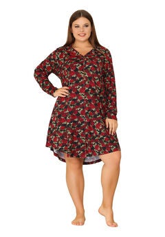 Floral Notched Lapel Button Up Nightgown