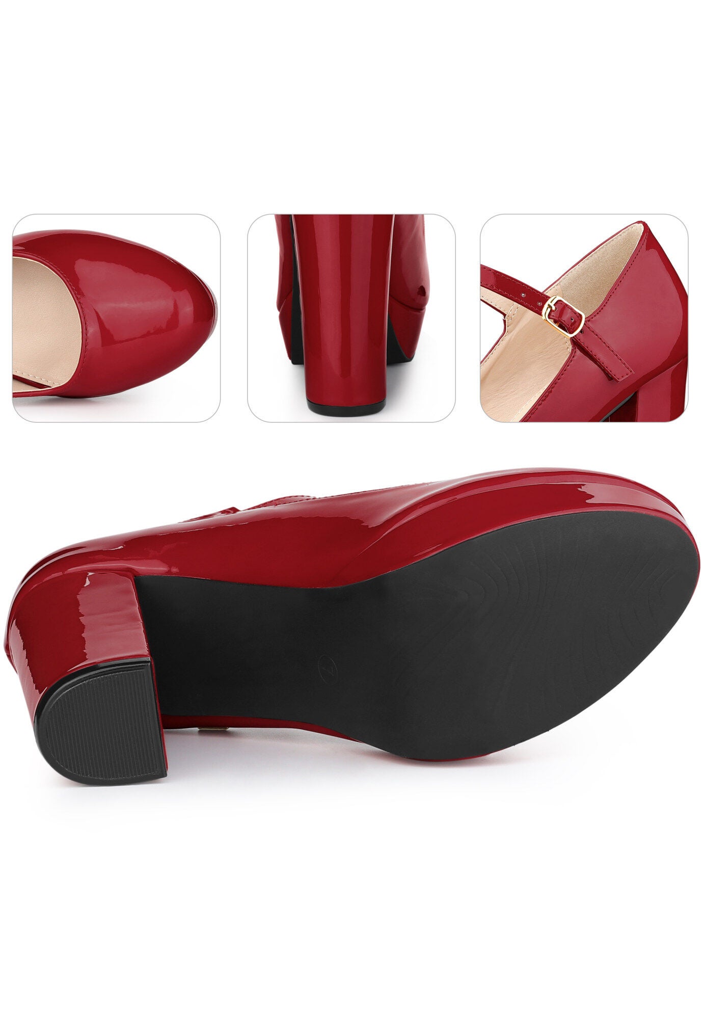 Platform Mary Janes Shoes Chunky High Heels, Red / Red, alternate image number 4