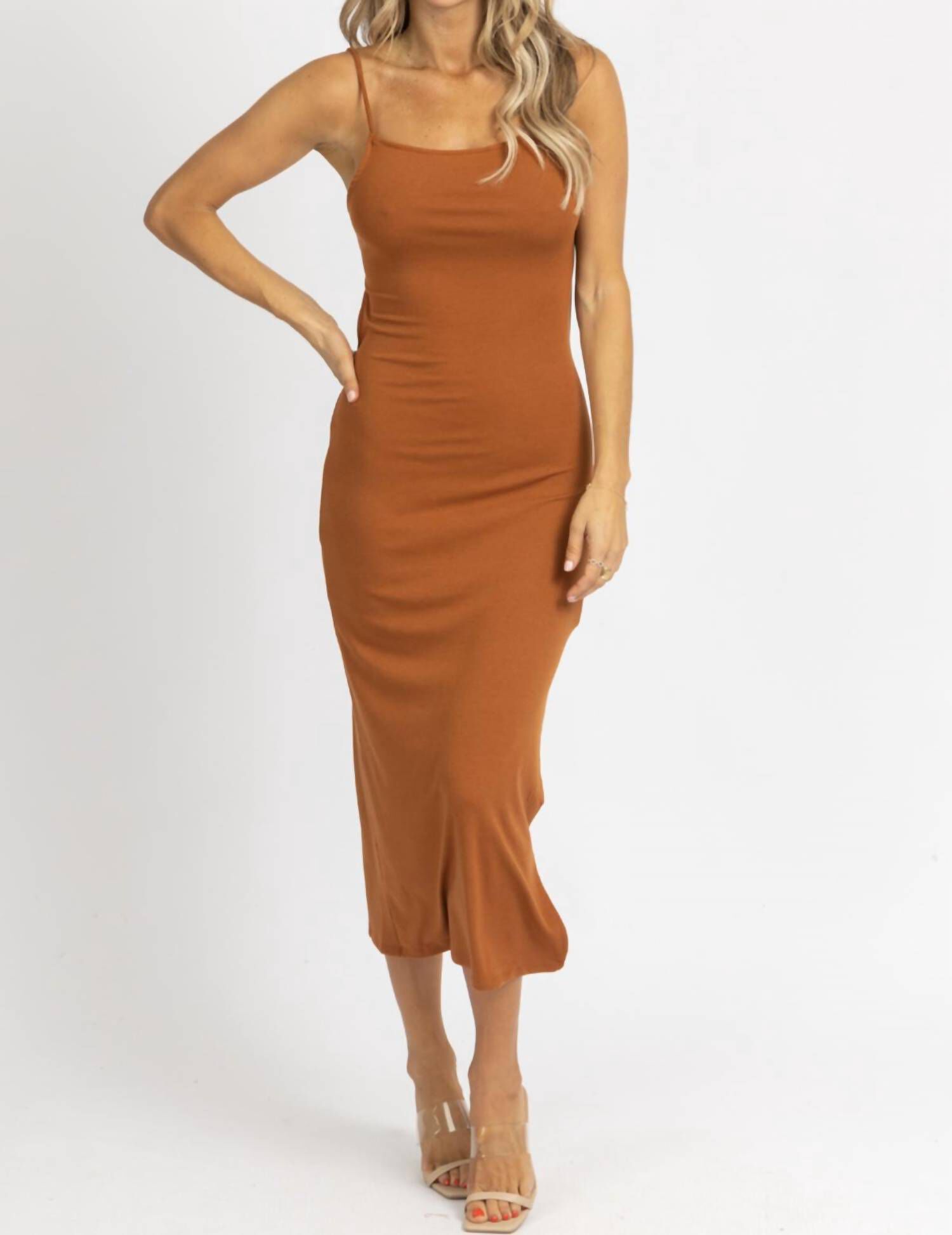 OPEN TIE-BACK MIDI DRESS IN BROWN, Brown / Brown, hi-res image number 0