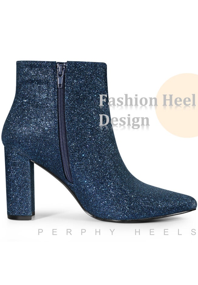 Glitter Pointed Toe Chunky Heels Sparkly Booties, Navy Blue / Navy, alternate image number 3
