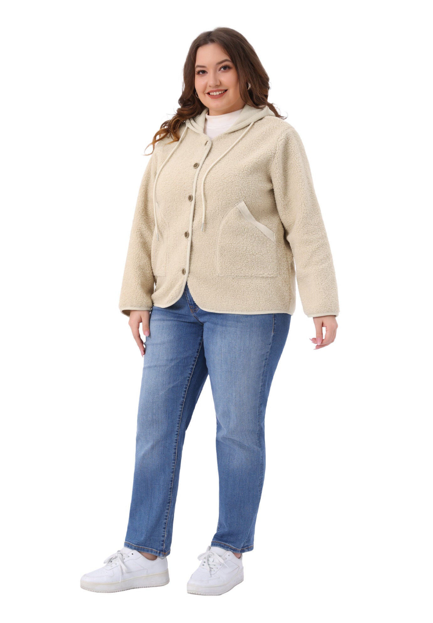 Hooded Fleece Teddy Fluffy Outerwear Coats with Pockets, Beige / Beige, hi-res image number 0