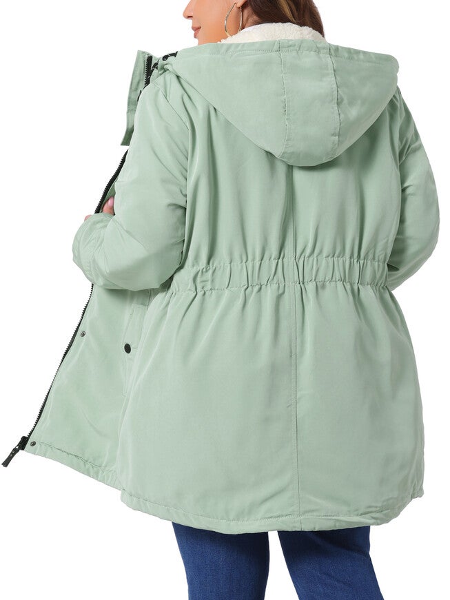 Faux Lamb Fur Leather Button Down Hoodie Parka Coat, Green / Light Green, alternate image number 3