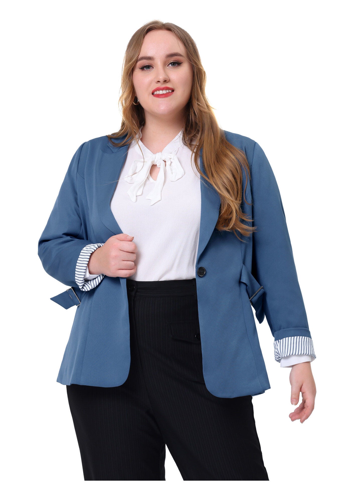 CONTRAST STRIPE CUFF NOTCHED LAPEL BLAZER, Gray Blue / Dusty Blue, alternate image number 2