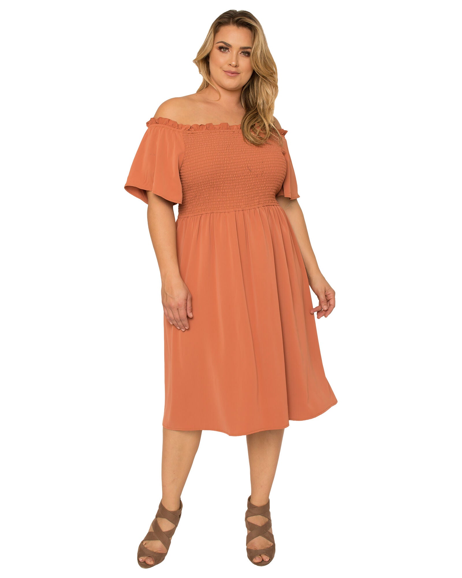 Gabi Plus Size Off The Shoulder Smocked Georgette Dress, Brown / Burnt Orange, alternate image number 4