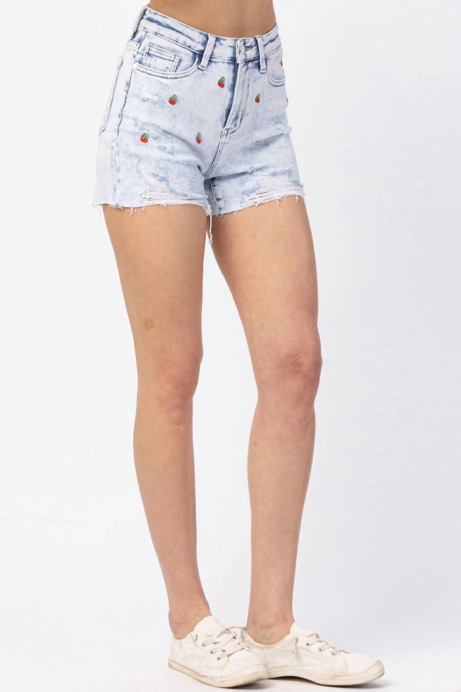Cherry Embroidery High Rise Cut-Off Short In Acid Wash, , alternate image number 3