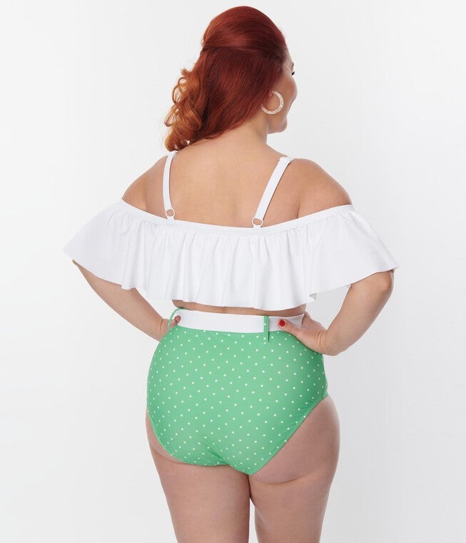 Unique Vintage White Ruffle Swim Top, White / White, alternate image number 1