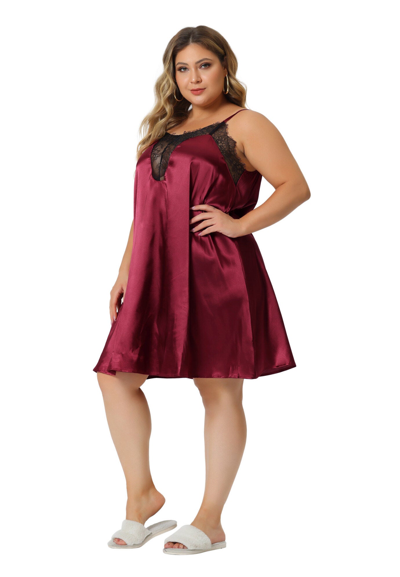 Lace Nightgown Spaghetti Lounge Sleep Dress, Burgundy / Burgundy, hi-res image number 0