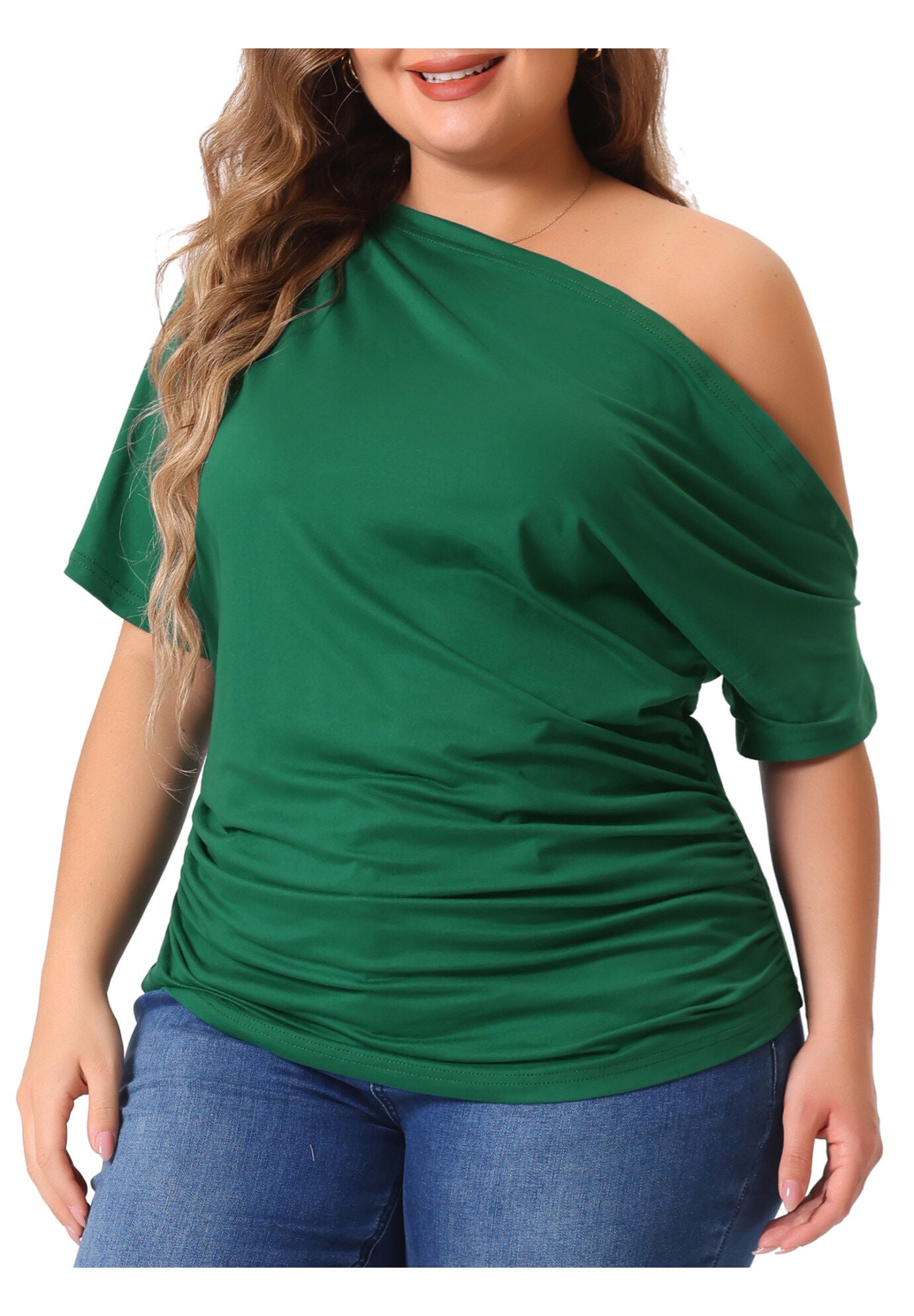 ONE SHOULDER SHORT SLEEVE RUCHED TOP, Dark Green / Hunter Green, alternate image number 1
