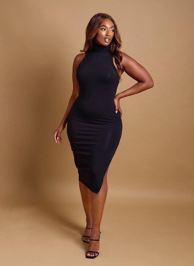 ELENA TURTLENECK BODYCON MIDI DRESS, Black / Black, alternate image number 1
