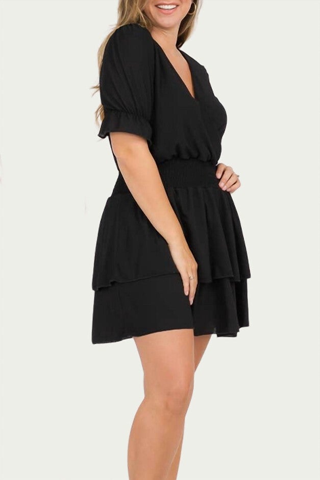 SMOCKED SURPLICE WOVEN MINI DRESS IN BLACK, , alternate image number 8