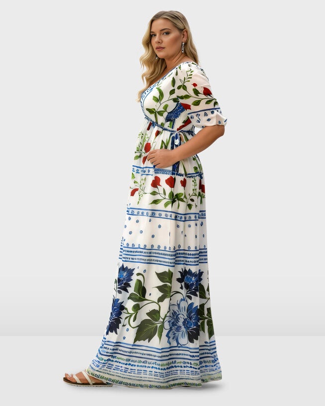 Floral Bird Print Georgette Drawstring Dress, , alternate image number null