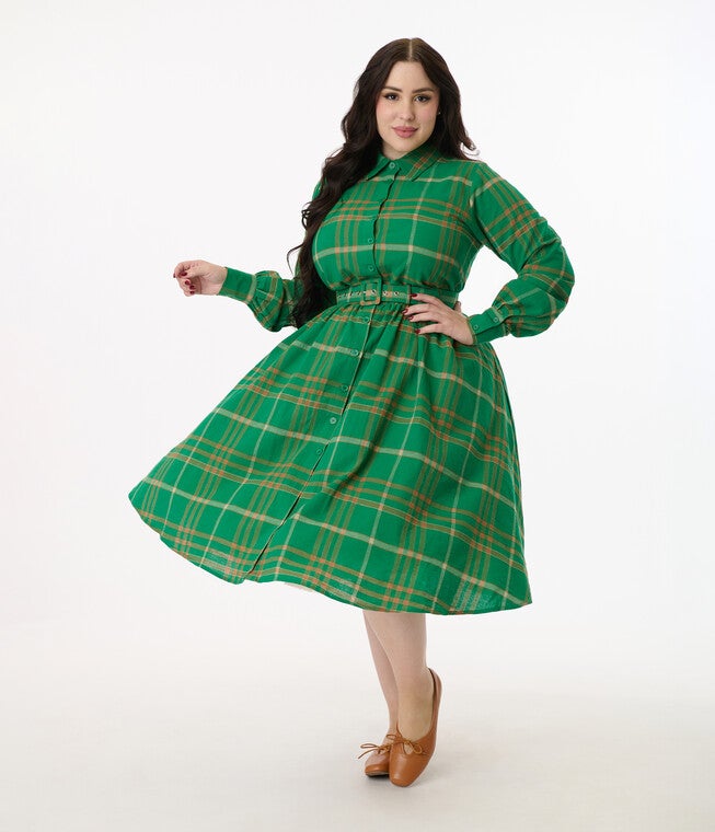 Unique Vintage Plus Size Green Plaid Belted Cotton Shirt Dress, Kelly Green / Kelly Green, alternate image number 2