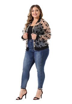 SHEER FLORAL LACE LONG SLEEVE BASEBALL JACKET