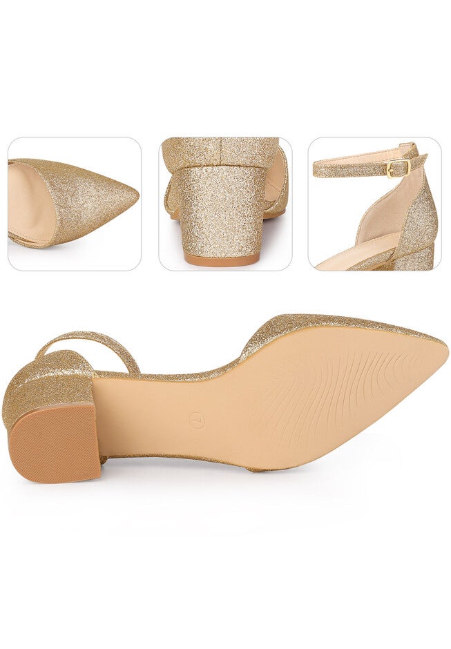Glitter Pointed Toe Ankle Strap Dress Pumps, Gold / Gold, alternate image number 2