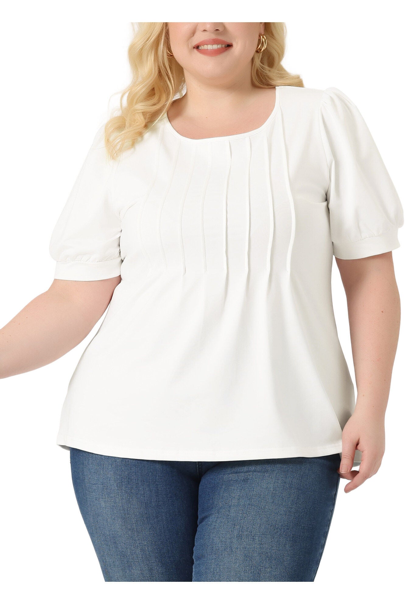 Puff Short Sleeve Crew Neck Pleated Tunic Blouse, White / White, alternate image number 1