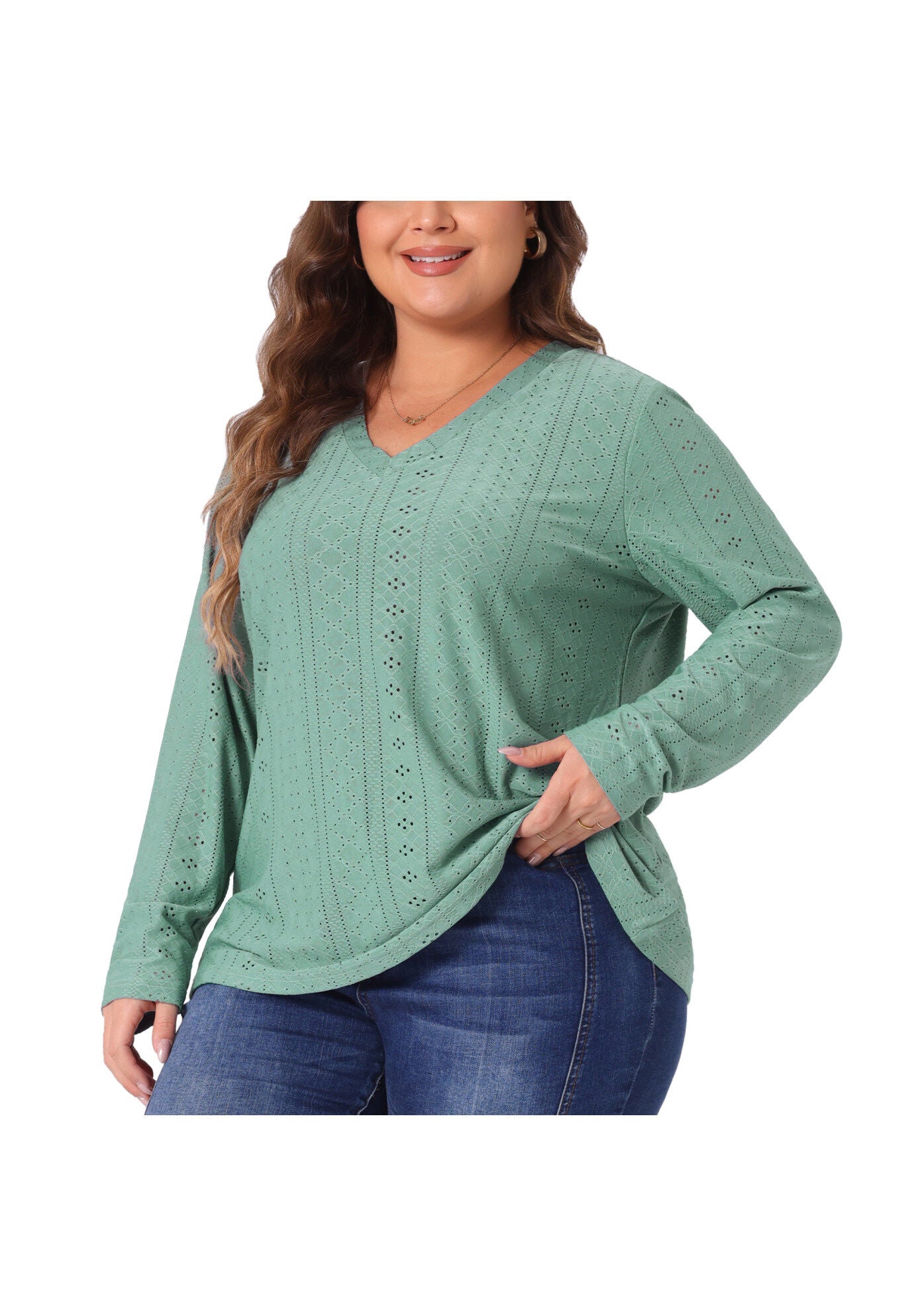 V Neck Long Sleeve Hollow Eyelet Top T-Shirt Tee, Green / Light Green, alternate image number 1