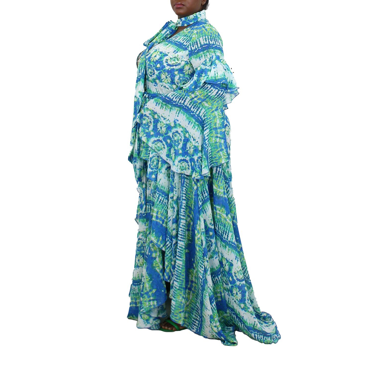 Korinne Deluxe Kaftan With Neck Tie Blue & Green Batik Print, Blue / Azure Blue, alternate image number 2