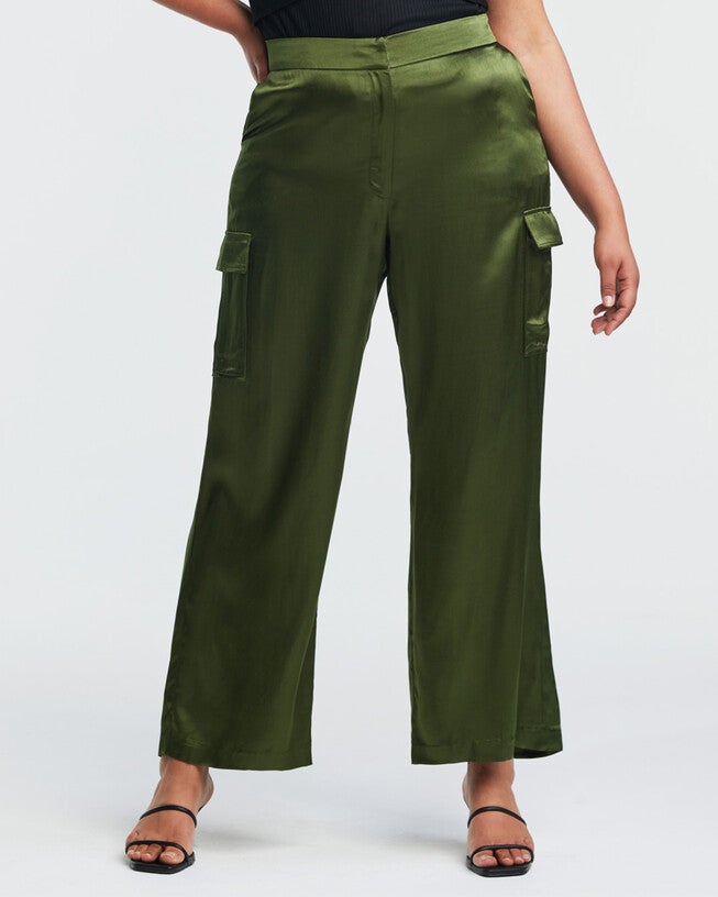 Tess Olive Satin Cargo Pant, Olive / Olive Green, alternate image number 1