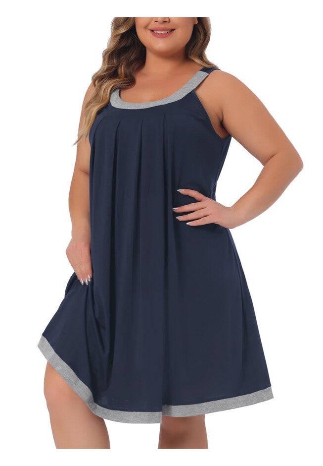 SLEEVELESS SLEEPWEAR WIDE STRAP SLEEPSHIRTS PLEATED SCOOPNECK NIGHTSHIRT, Dark Blue / Navy, alternate image number 1