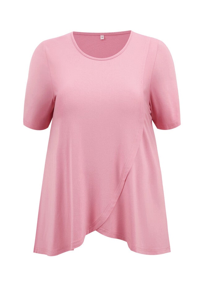 Short Sleeve Blouse Crossover Asymmetric Tulip Hem Top, Pink / Pink, alternate image number 3