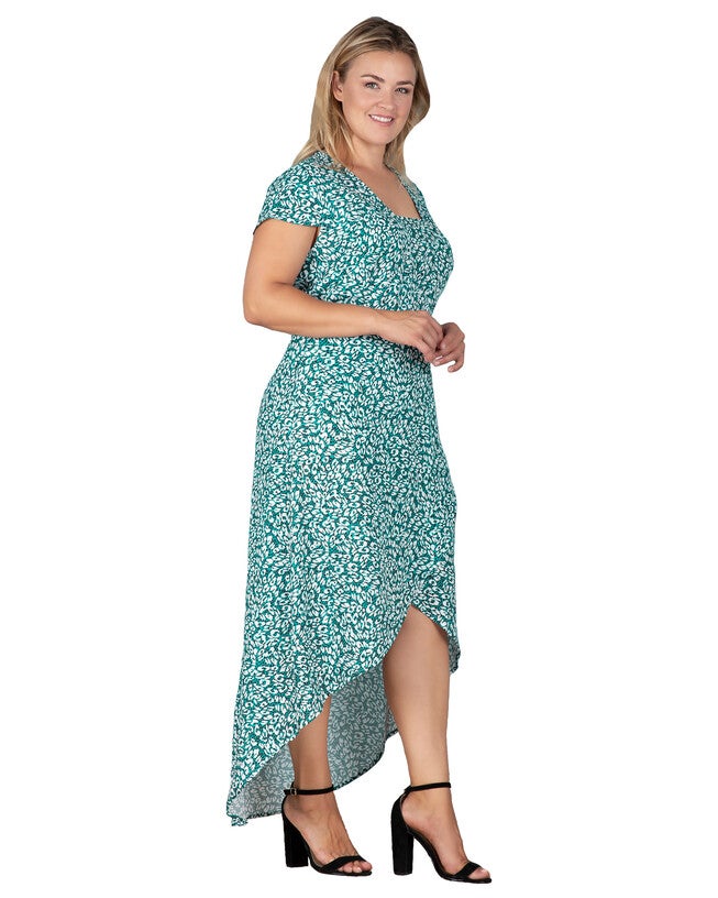 Standards & Practices Cap Sleeve High-Low Tulip Dress, GREENLEOPARD / Hunter Green, alternate image number 2