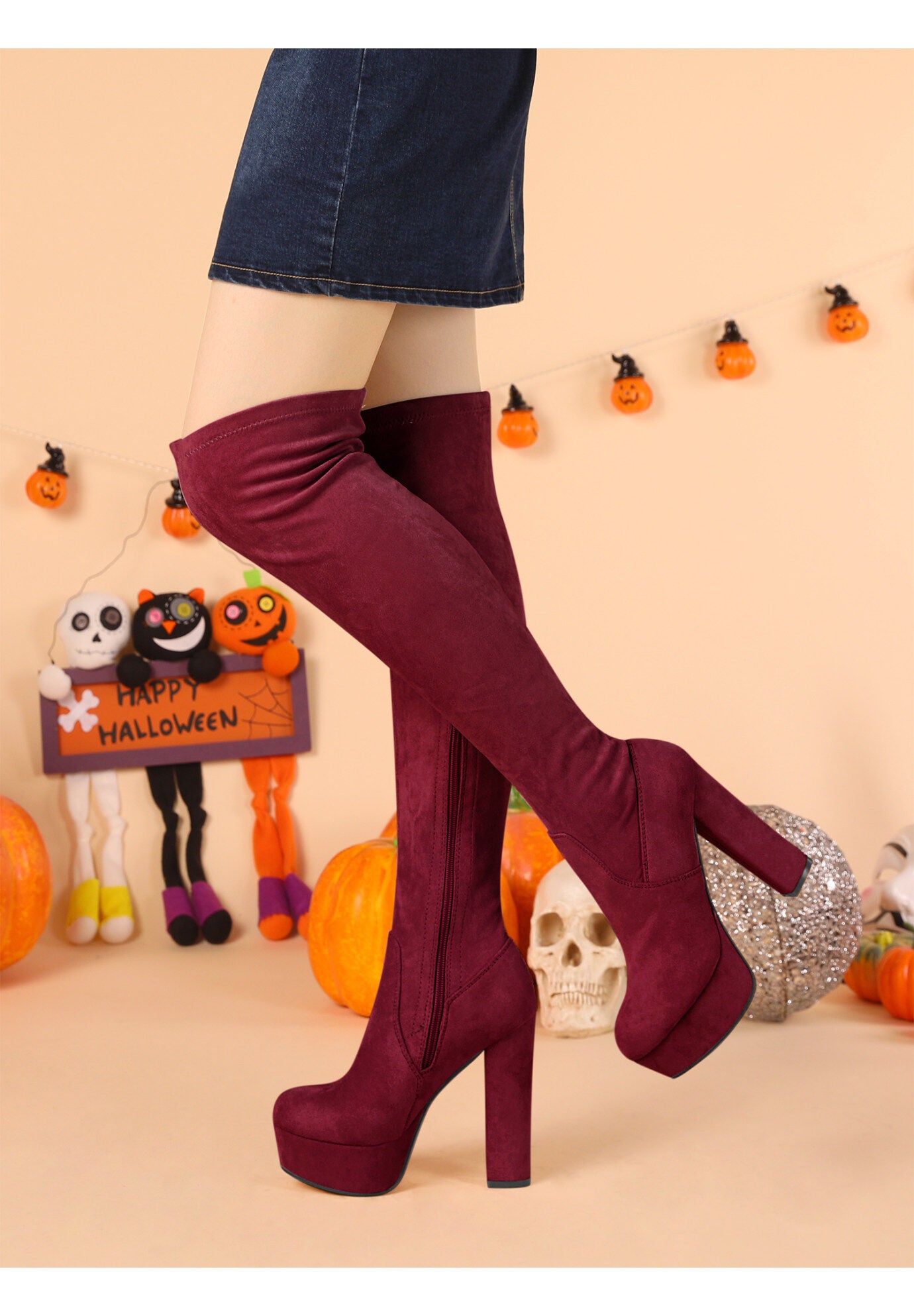 PLATFORM BLOCK HEEL OVER KNEE HIGH BOOTS, Burgundy / Burgundy, alternate image number 3