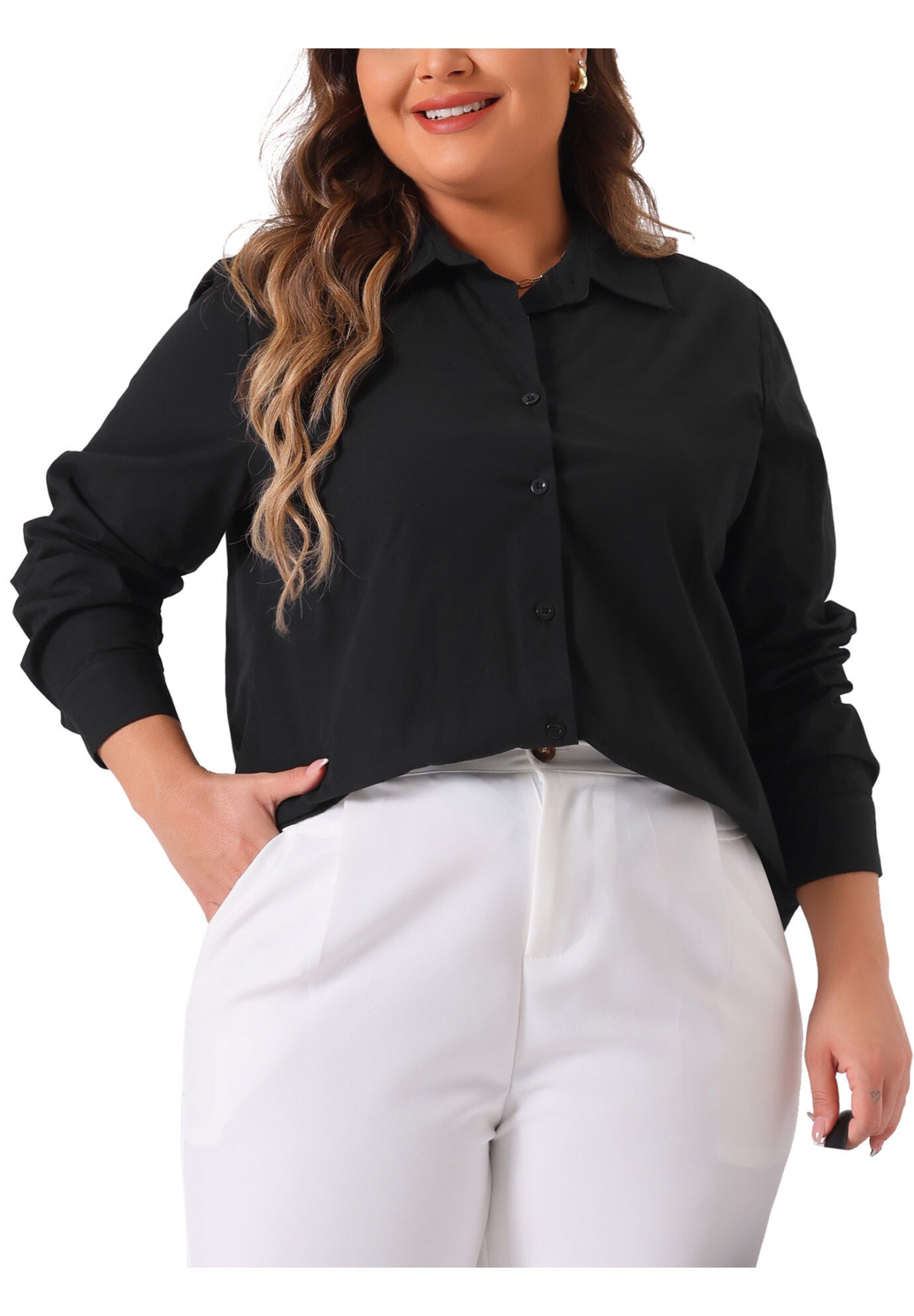 Button Down Cotton Stand Collar Long Sleeve Solid Work Shirt, Black / Black, alternate image number 1