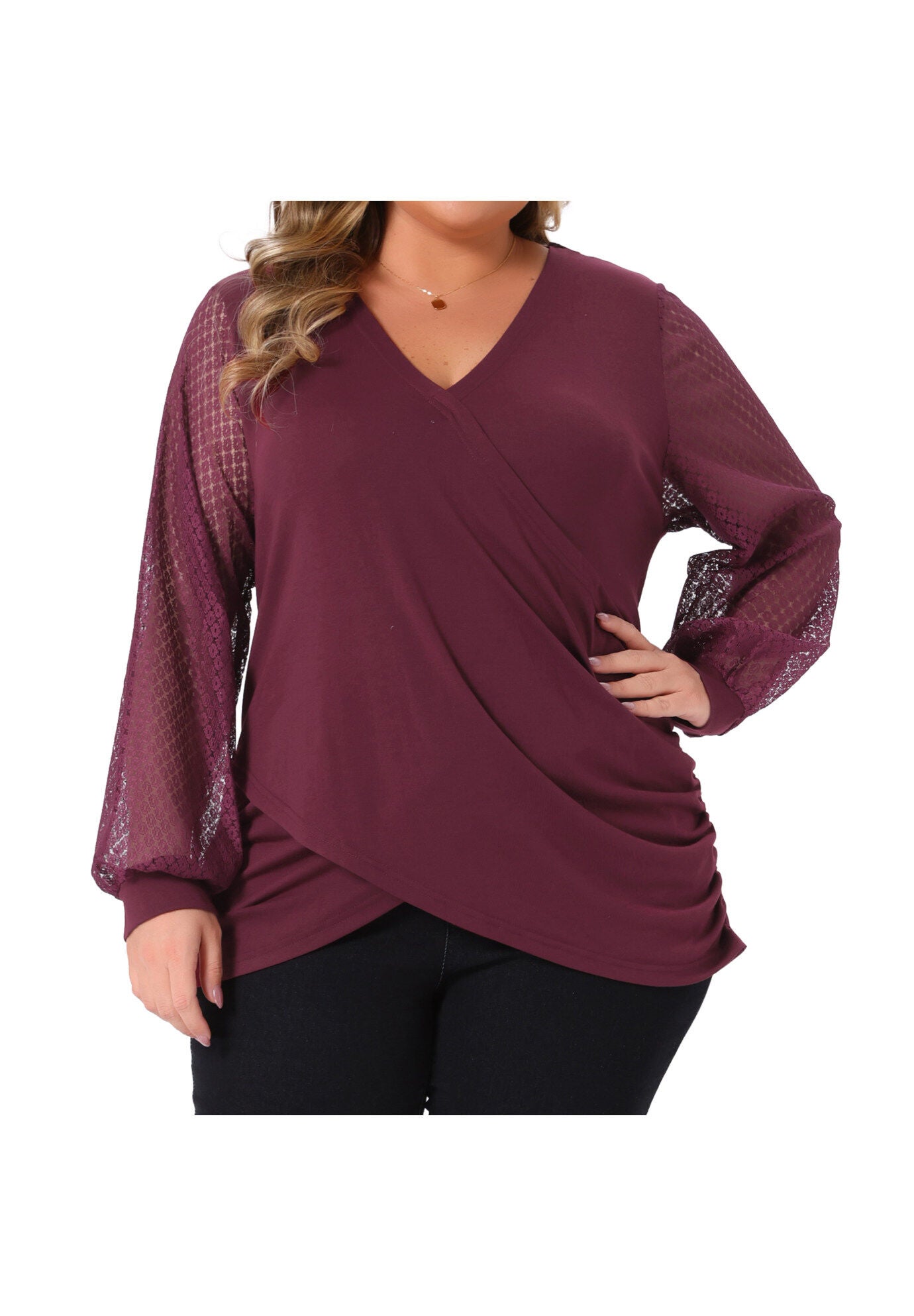 V Neck Wrap Ruched Bishop Lace Sleeve Blouse, Burgundy / Burgundy, alternate image number 2