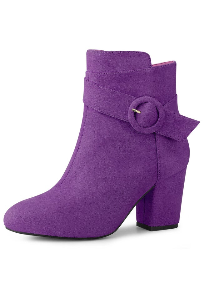 ROUND TOE BLOCK HEEL BUCKLE BOOTIES, Purple / Purple, hi-res image number null