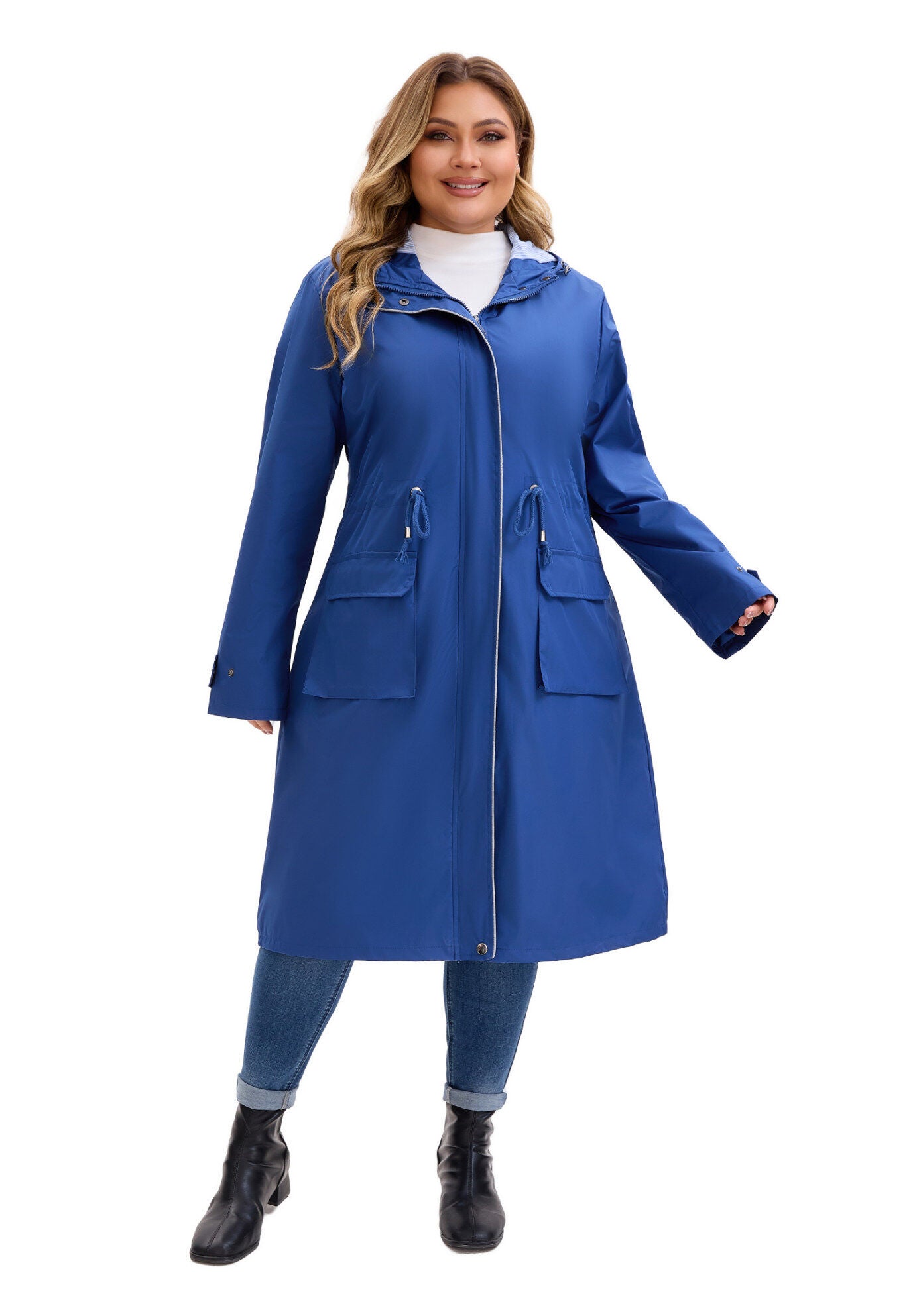 Drawstring Waist Zipper Waterproof Rain Windbreaker Jacket, Navy Blue / Azure Blue, alternate image number 2