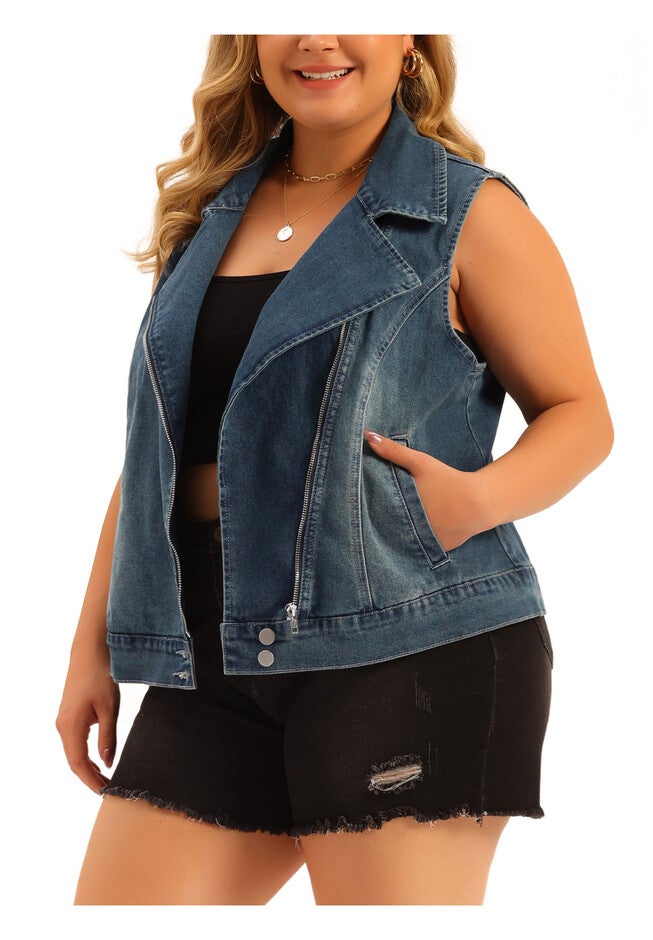 Zipper Sleeveless Motorcycle Washed Denim Vest, Blue / Chambray Denim Medium, alternate image number 1