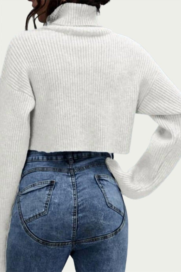 RIBBED-KNIT CROPPED TURTLENECK SWEATER IN IVORY, Ivory / White, alternate image number null