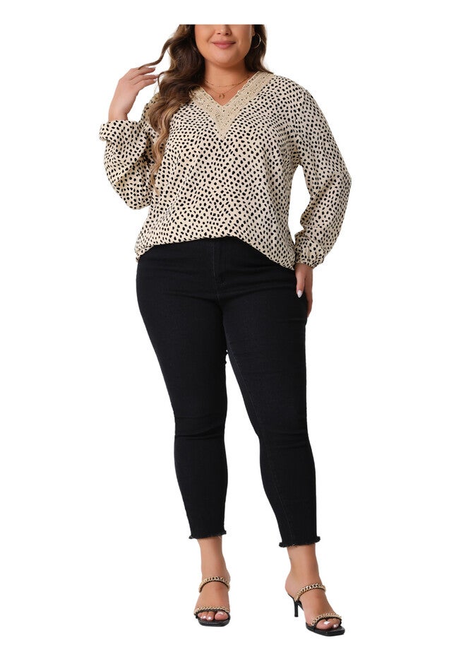 Lace Trim V Neck Long Sleeve Leopard Chiffon Blouses Top, Khaki / Brown, hi-res image number 0