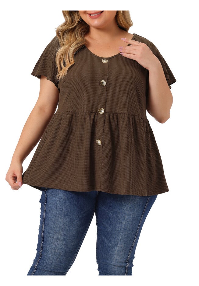 Button Front Shirt Peplum Top, Coffee / Brown, alternate image number 1