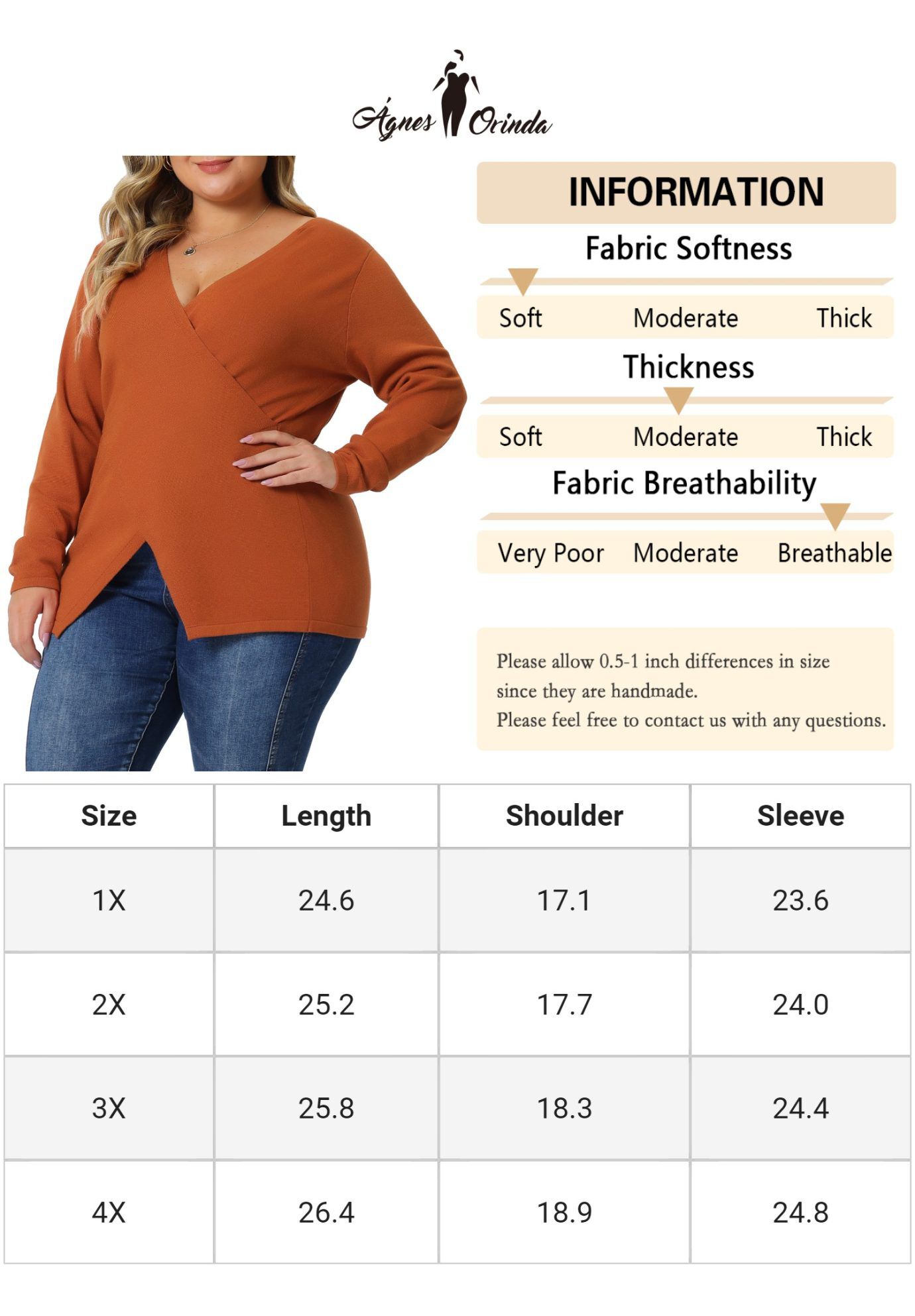 Wrap V Neck Criss Cross Asymmetrical Knit Top, Orange / Orange, alternate image number 4